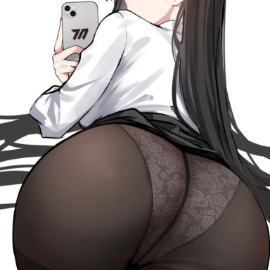 blue archive, seminar (blue archive), rio (blue archive), shigure s, ass, ass focus, black hair, black pantyhose, black skirt, blush, breasts, bright pupils, brown pantyhose, cellphone, female