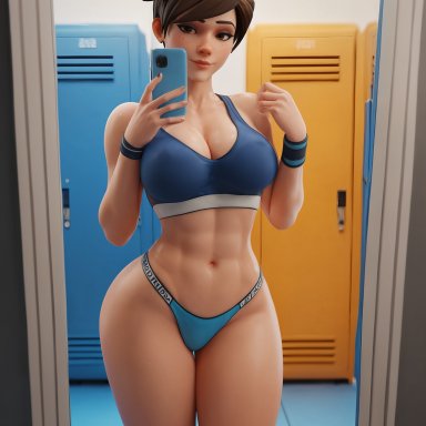 overwatch, overwatch 2, lena oxton, tracer, fremorg, 1female, 1girls, abs, athletic female, bare legs, bare shoulders, belly button, big breasts, british female, brown eyes