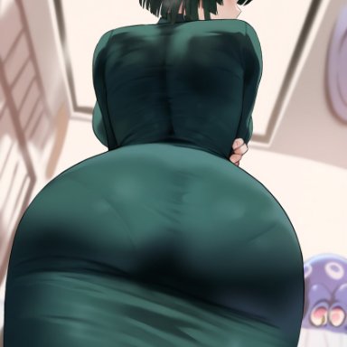 one-punch man, fubuki (one-punch man), primosan, ass, ass focus, dress, from behind, from below, green eyes, green hair, large ass, large breasts, looking back, mature female, short hair