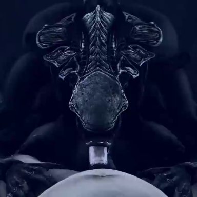 alien (franchise), female xenomorph, xenomorph, xenomorph queen, lewdsoundv2, rayhuma, taironva, 1boy, 1girls, deepthroat, fellatio, huge ass, huge breasts, human on humanoid, moaning