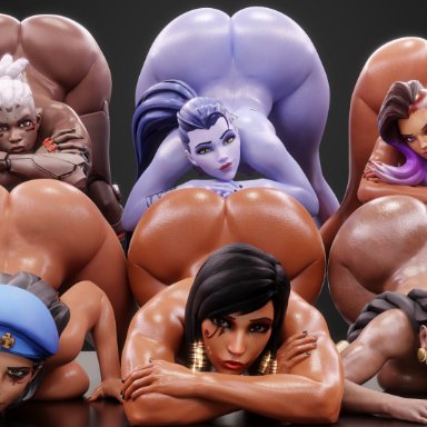 blizzard entertainment, overwatch, overwatch 2, ana amari, illari (overwatch), illari quispe ruiz, pharah, sojourn (overwatch), sombra, widowmaker, nemesis 3d, 6+girls, ass, bent over, big ass