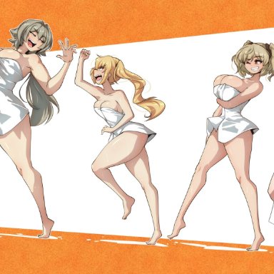 zenless zone zero, burnice white, caesar king, luciana de montefio, piper wheel, ryou sakai, 4girls, barefoot, blonde hair, breasts, cleavage, feet, full body, green hair, hair between eyes