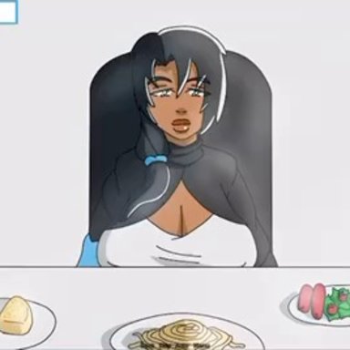 plastic soul, original character, huli games, android, big breasts, big nipples, big penis, blowjob, blowjob face, boobjob, cum, cum in mouth, cum on breasts, cum on face, dark-skinned female