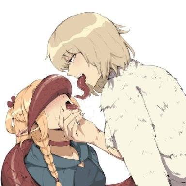 dungeon meshi, falin touden, falin touden (chimera), marcille donato, evaleen d, 2girls, after kiss, blonde hair, blush, body fur, chimera, covering another's eyes, dragon tail, drool, drooling