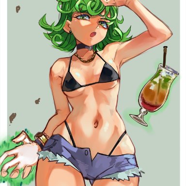 one-punch man, tatsumaki, ribosoma 42, :o, 1girls, aura, bikini, bikini under clothes, black bikini, black choker, breasts, chain necklace, chains, choker, cup