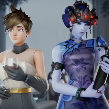 overwatch, amelie lacroix, ashe (overwatch), black lily widowmaker, elizabeth caledonia ashe, formalwear tracer, lena oxton, tracer, widowmaker, aphy3d, bordeaux black, pixiewillow, pleasedbyviolet, 3girls, anal