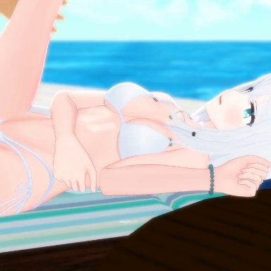 hololive, hololive japan, shirakami fubuki, zuzuzu3d, beach, bikini, bikini bottom, bikini top, bouncing breasts, bracelet, cum on body, cum outside, fox, fox ears, fox girl