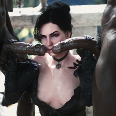 cd projekt red, the witcher (series), the witcher 3: wild hunt, yennefer, leeterr, 1girls, 2boys, big penis, black hair, cock on face, cock worship, cum, cum on breasts, dark skin, dark-skinned male