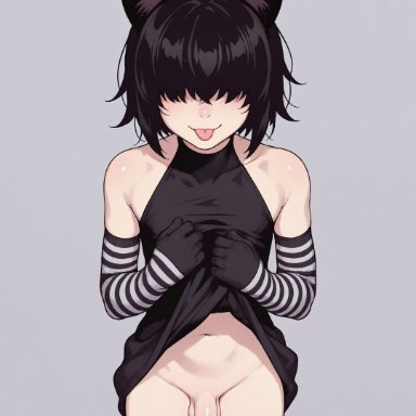 original, lustedcomplex, 1boy, 1femboy, black hair, cat ears, crossdressing, cute, dress, dress lift, dress pull, femboy, gay, hair over eyes, otoko no ko