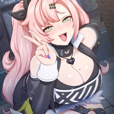 zenless zone zero, nicole demara, neocoill, 1girls, clothed, green eyes, huge breasts, long hair, open mouth, peace sign, pink hair, thick thighs