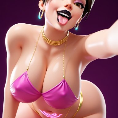 overwatch, overwatch 2, patreon, tracer, omega-weirdo, 1boy, 1girls, big breasts, black lipstick, brown eyes, brown hair, dancer outfit, earrings, female, gigantic breasts