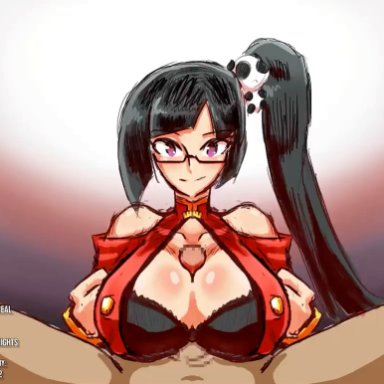 blazblue, litchi faye ling, chiyo1000nights, cumskeleton, vkid, 1boy, 1girls, black hair, bra, clothing, doctor, female, glasses, large breasts, long hair