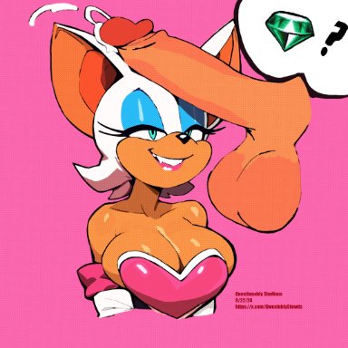 sega, sonic the hedgehog (series), rouge the bat, tails the fox, qwestnblystewds, anthro, balls, bat, bodily fluids, breasts, chaos emerald, cleavage, clothed, clothing, cum