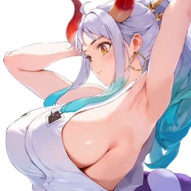 one piece, yamato (one piece), nutsbutty, 1girls, armpits, breasts, female, female only, horns, large breasts, sideboob, solo, white hair, absurd res, hi res