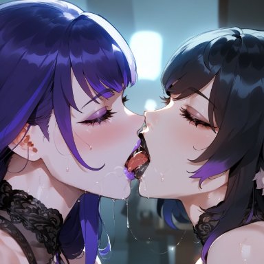 genshin impact, raiden shogun, yae miko, miyuai, 2girls, alternate hair color, female, female only, goth, goth girl, kissing, saliva, thick lips, tongue, yuri