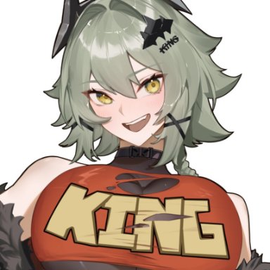 zenless zone zero, caesar king, caesar king (zenless zone zero), black horns, blush, breasts, ex-trident, female, fur trim, green hair, hair between eyes, hair ornament, hairclip, horns, large breasts