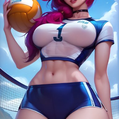 league of legends, riot games, vastaya, xayah, sky4maleja, beach, belly button, breasts, choker, close-up, day, daytime, female, female focus, female only