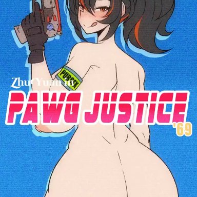 zenless zone zero, zhu yuan, ilustretsspoks, 1girls, ass, big ass, black hair, fat ass, female, female only, holding object, holding weapon, huge ass, licking lips, light skin