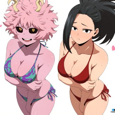 boku no hero academia, my hero academia, mina ashido, momo yaoyorozu, tsuranukko, 2girls, ass, big ass, bikini, black hair, black sclera, blue bikini, breasts, cleavage, closed mouth