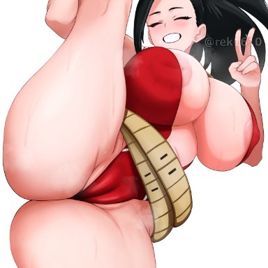 my hero academia, momo yaoyorozu, rek1610, 1girls, areola slip, areolae, big breasts, black hair, blush, breasts, cameltoe, cleavage, closed eyes, female, female only