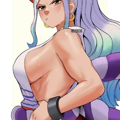 one piece, yamato (one piece), gud0c, 1girls, ahoge, aqua hair, blue hair, blush, breasts, brown eyes, closed mouth, cuffs, earrings, egasumi, female