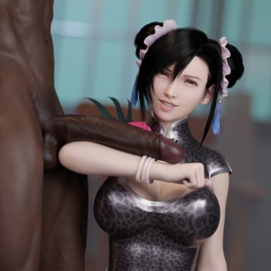 final fantasy, final fantasy vii, final fantasy vii remake, tifa lockhart, derpderp, 1boy, 1girls, big penis, big penis adoration, china dress, chinese clothes, chinese dress, clothed female nude male, cock worship, dark skin