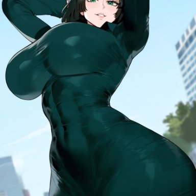 one-punch man, fubuki (one-punch man), creamy ai, big breasts, curvy, green clothing, green eyes, green hair, hands behind head, large breasts, looking at viewer, tight clothing, voluptuous, wide hips, ai generated