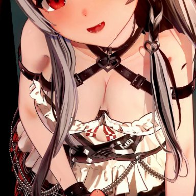 hololive, hololive japan, sakamata chloe, kksallyear, 1boy1girl, blush, breasts, chain accessory, chains, checkered skirt, choker, down blouse, fangs, fingerless gloves, garter straps