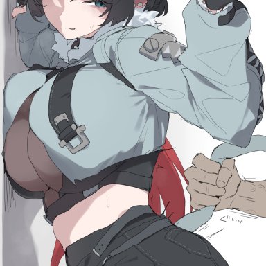 zenless zone zero, jane doe (zenless zone zero), makkurourufu, 1boy, against wall, animal ears, black garter straps, black gloves, black hair, black shorts, breasts, brown thighhighs, closed mouth, female, fingerless gloves