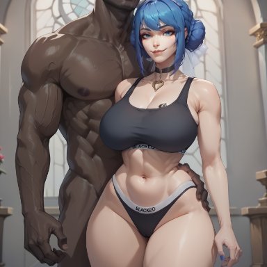 blacked, crystal rose series, league of legends, riot games, crystal rose sona, sona buvelle, queensphynx, 1boy, 1girls, blacked clothing, blue eyes, blue hair, breasts, choker, dark skin