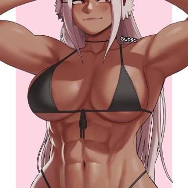 boku no hero academia, mirko, miruko, rumi usagiyama, gud0c, 1girls, abs, animal ears, armpits, ass visible through thighs, bikini, black bikini, black choker, blush, breasts