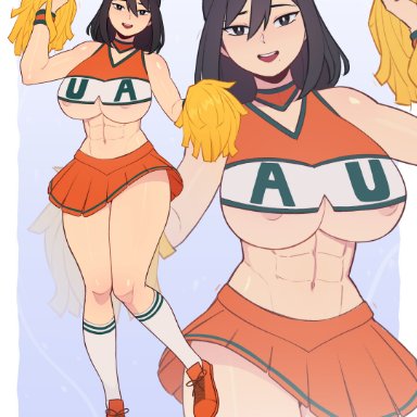 my hero academia, nana shimura, satelyte, 1girls, abs, beauty mark, belly button, big breasts, black eyes, black hair, breasts, cheerleader, cheerleader uniform, female, female focus