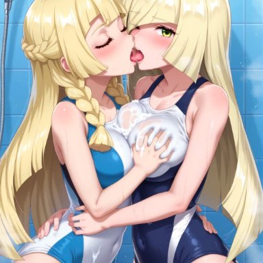 game freak, nintendo, pokemon, pokemon sm, lillie (pokemon), lusamine (pokemon), aged up, blonde hair, blush, closed eyes, daughter, french kiss, groping, groping breasts, incest