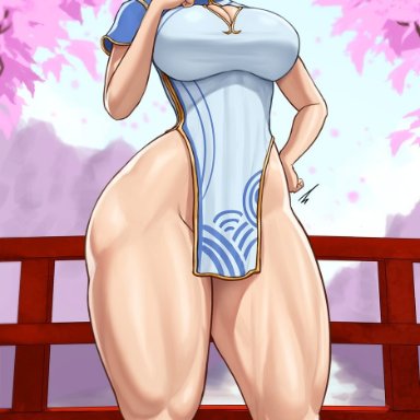 street fighter, chun-li, superbusty, 1girls, asian clothing, clothed, clothing, female, female only, light skin, light-skinned female, muscular thighs, outdoors, solo, solo female