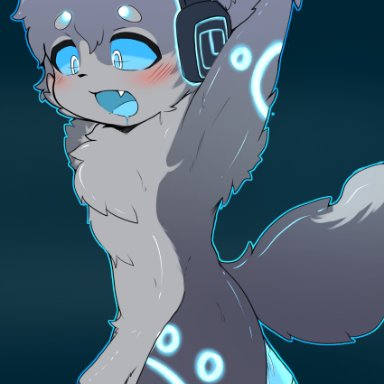 kaiju paradise, roblox, jammer (kaiju paradise), yamantauwu, 1boy, ahe gao, anthro, blue fur, bondage, cum drip, dark fur, femboy, furry, glowing, headset