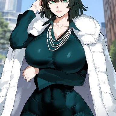 one-punch man, fubuki (one-punch man), creamy ai, black hair, cleavage, coat, curvy, dress, fur coat, green dress, green eyes, green hair, huge breasts, impossible clothes, impossible dress