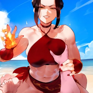 avatar the last airbender, azula, tittyg-ai, 1boy, 1girls, abs, bare shoulders, beach, black hair, breast grab, choker, clothed, clothed female nude male, clothed sex, clothing aside