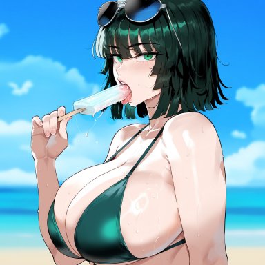 one-punch man, fubuki (one-punch man), creamy ai, beach, bikini, black hair, breasts bigger than head, cleavage, curvy, green bikini, green eyes, green hair, holding popsicle, huge breasts, popsicle