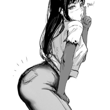 chainsaw man, mitaka asa, yoru (chainsaw man), acca9nine, bent over, big butt, black hair, black jeans, blush, caked up, jeans, leaning forward, open mouth, ripped clothing, sleeves