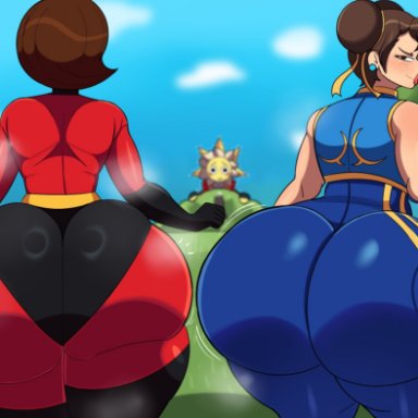 fortnite, street fighter, the incredibles, chun-li, chun-li (fortnite), elastigirl, elastigirl (fortnite), helen parr, helen parr (fortnite), creamy lemon pie, breasts, curvy, curvy figure, female only, female/female