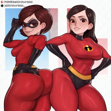 the incredibles, elastigirl, helen parr, violet parr, kamixxx, 2girls, aesthetic, ass, ass focus, bare thighs, big ass, big breasts, big hips, big thighs, breasts