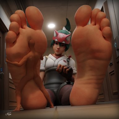 blizzard entertainment, overwatch, overwatch 2, kiriko (overwatch), kiriko kamori, kenaga, kenuwu, 1boy, 1girl, asian female, barefoot, big feet, clothed female nude male, feet on face, foot fetish