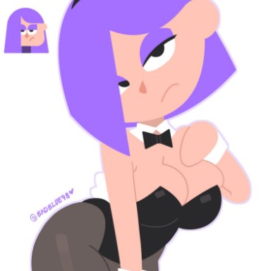 duolingo, lily (duolingo), postblue98, 1girls, barely contained, bending over, bent over, bowtie, bunny ears, bunnysuit, detached collar, detached sleeves, eyelashes, eyeshadow, fake animal ears