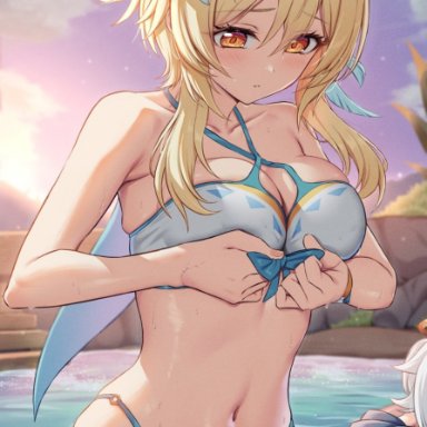 genshin impact, hoyoverse, mihoyo, lumine (genshin impact), paimon (genshin impact), ponnyu12, 1girls, alternate costume, bikini, bikini bottom, bikini top, blonde hair, blush, bra, clouds