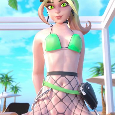 fortnite, helsie (fortnite), sulbas3d, beach, bikini, blonde hair, breasts, clothing, cowgirl position, cum, ejaculation, erection, female, fishnets, green eyes