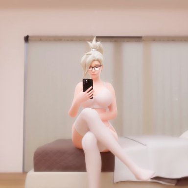 overwatch, mercy (overwatch), reinamation3d, :&gt;=, 1boy, 1girls, against wall, ass, asymmetrical hair, bed, bedroom, blonde hair, blue eyes, bookshelf, breasts