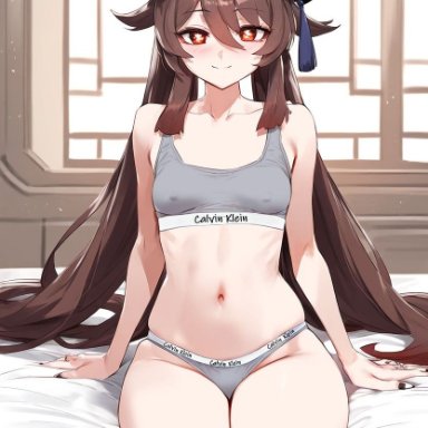 calvin klein, genshin impact, hu tao (genshin impact), dclp, 1girls, on bed, panties, sitting, small breasts, sports bra, ai generated