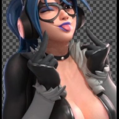 fortnite, fortnite: battle royale, marvel, marvel comics, black cat (cosplay), heroic hope (fortnite), hope (fortnite), starinww, big breasts, black body, blue hair, cat ears, latex suit, low cut top, ponytail