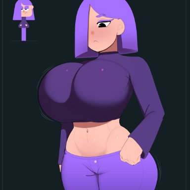 duolingo, lily (duolingo), g3mma, 1girls, alternate body type, big breasts, breasts, clothed female, clothing, female, female only, huge breasts, light skin, light-skinned female, purple hair