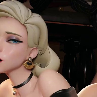 overwatch, formalwear mercy, mercy, m71z30, 1boy, 1girls, blonde hair, blue eyes, bouncing ass, elbow gloves, gloves, high heels, looking at viewer, makeup, red lipstick